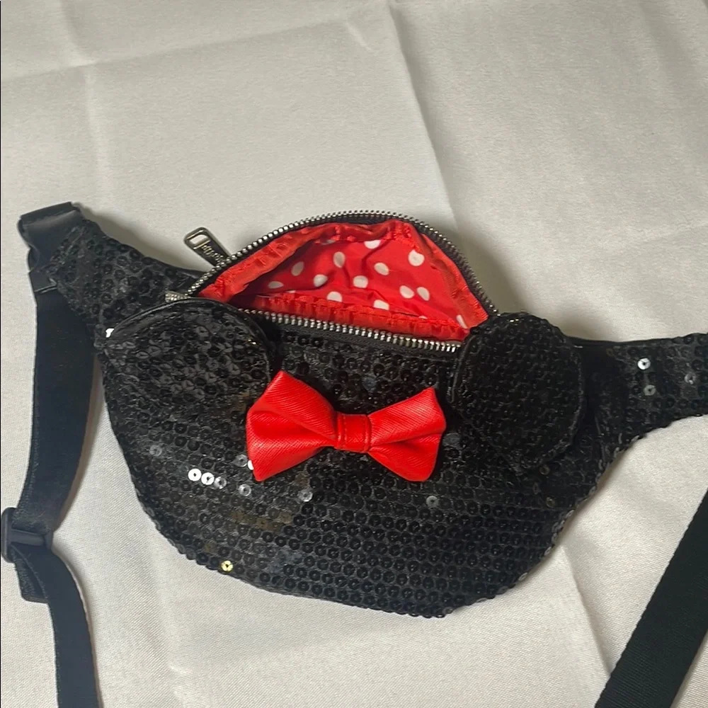 Loungefly Disney Minnie Black Sequin Bum Bag with Red Accent - Picture 10 of 14